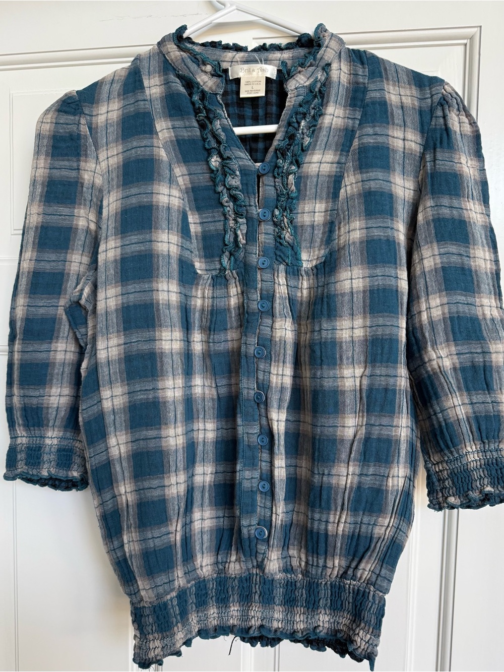Blue Plaid Ruffle-Trim Button-Front Blouse